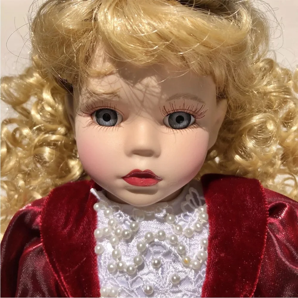 Porcelain Dolls Collectible by Melissa Jane Wooden Stand in Red Dress Blue Eyes - Picture 4 of 9